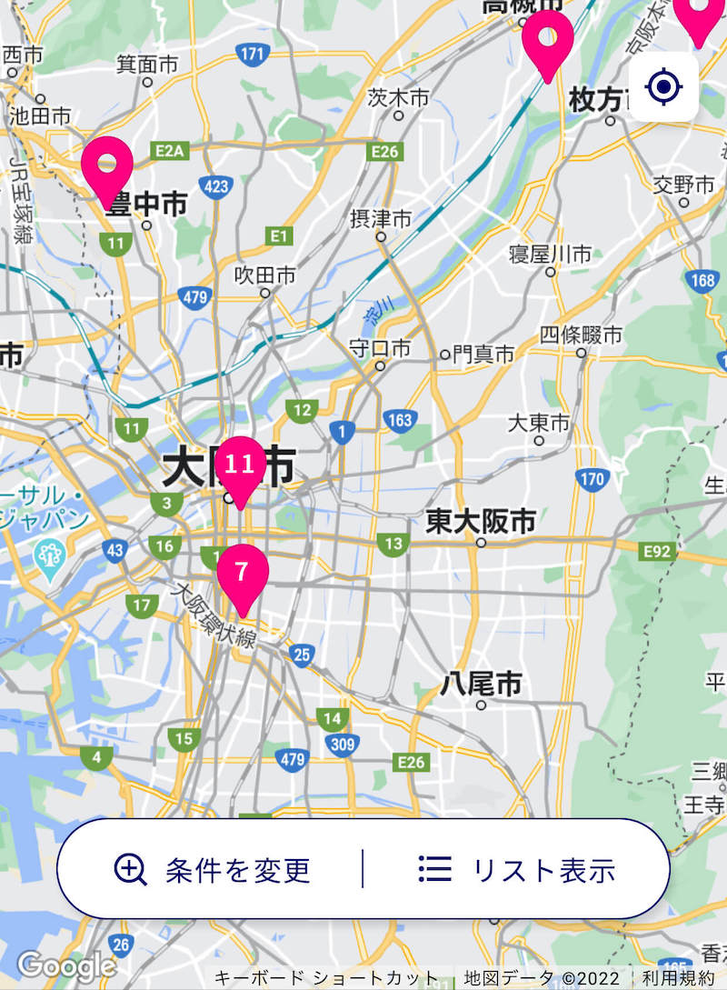 大阪の提携施設。市街地には多いが、郊外には少ない